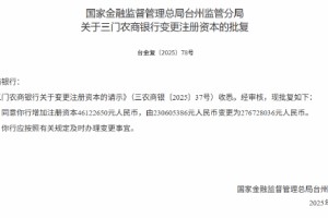 三门农商行获批增加注册资本4612.265万元