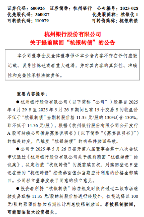 触发赎回条件，杭州银行提前赎回“杭银转债”