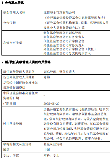 江信基金高管变更：原亮离任 新任陈锦为副总经理、财务负责人	、首席信息官