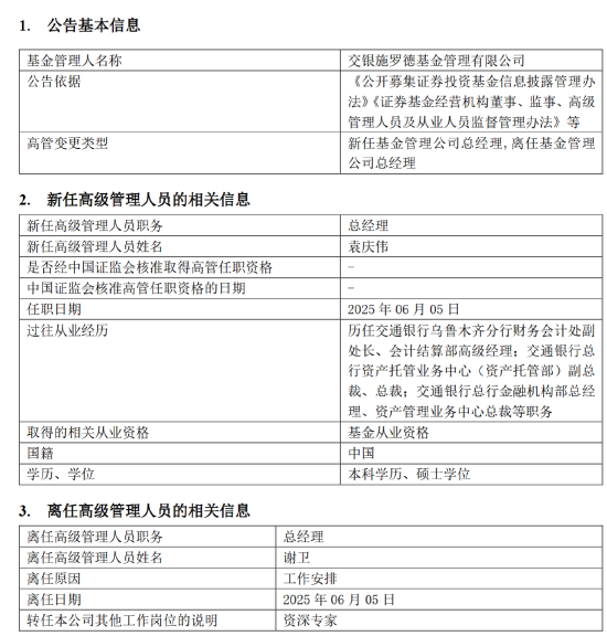 千亿基金“换帅”：27年老将谢卫转任专家，袁庆伟接任总经理